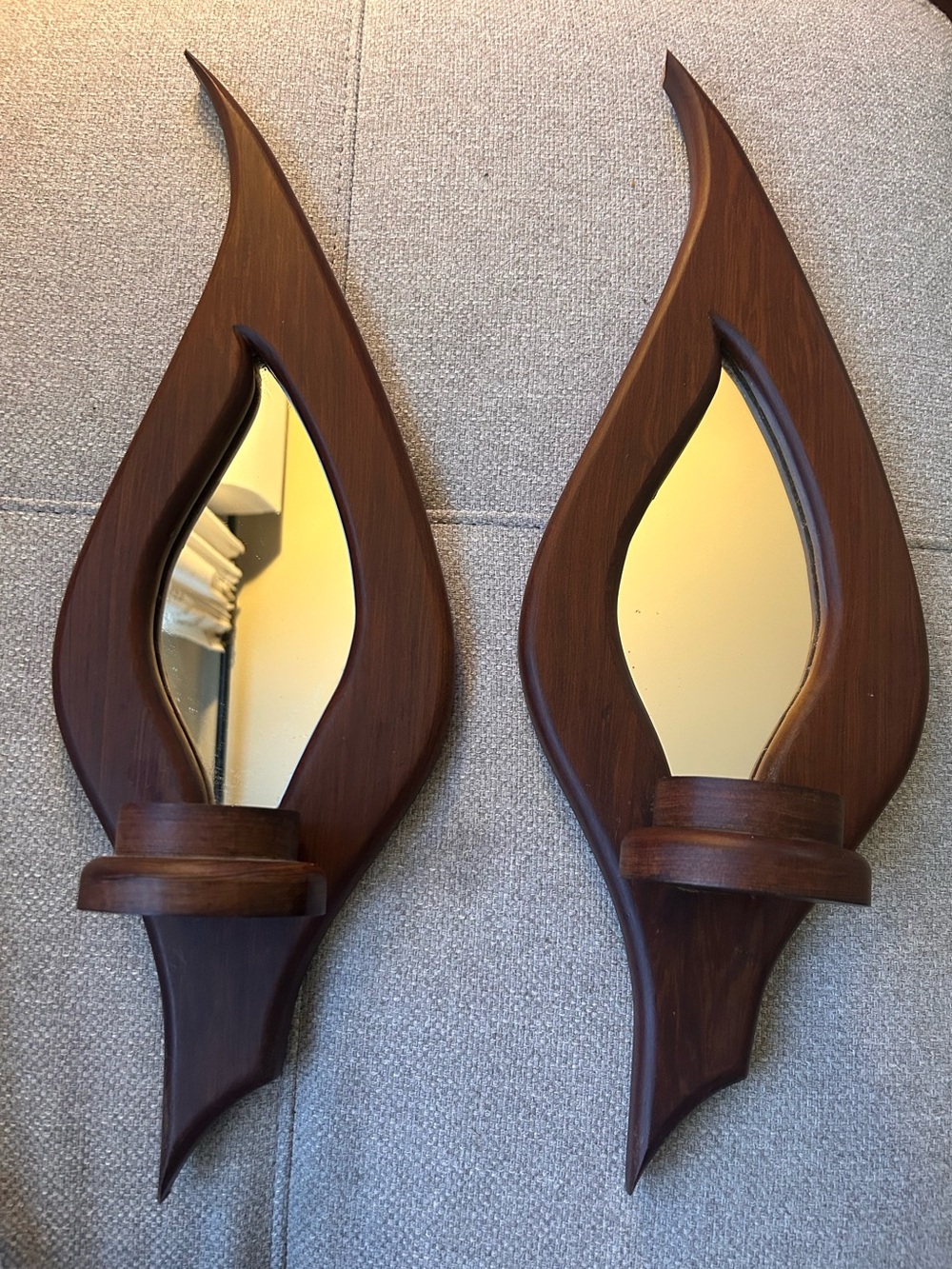 Vintage MCM Wood Wall Mirrors Candle Sconces Pair 1960s 70s